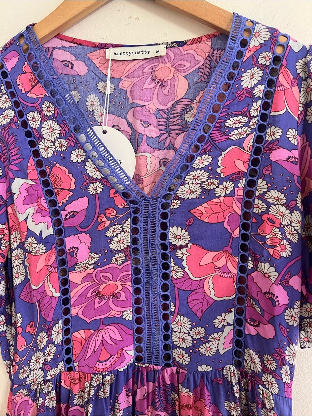 Rusttydustty Womens M Purple Pink Retro Floral Tiered Babydoll Boho Dress NWT - Picture 4 of 12